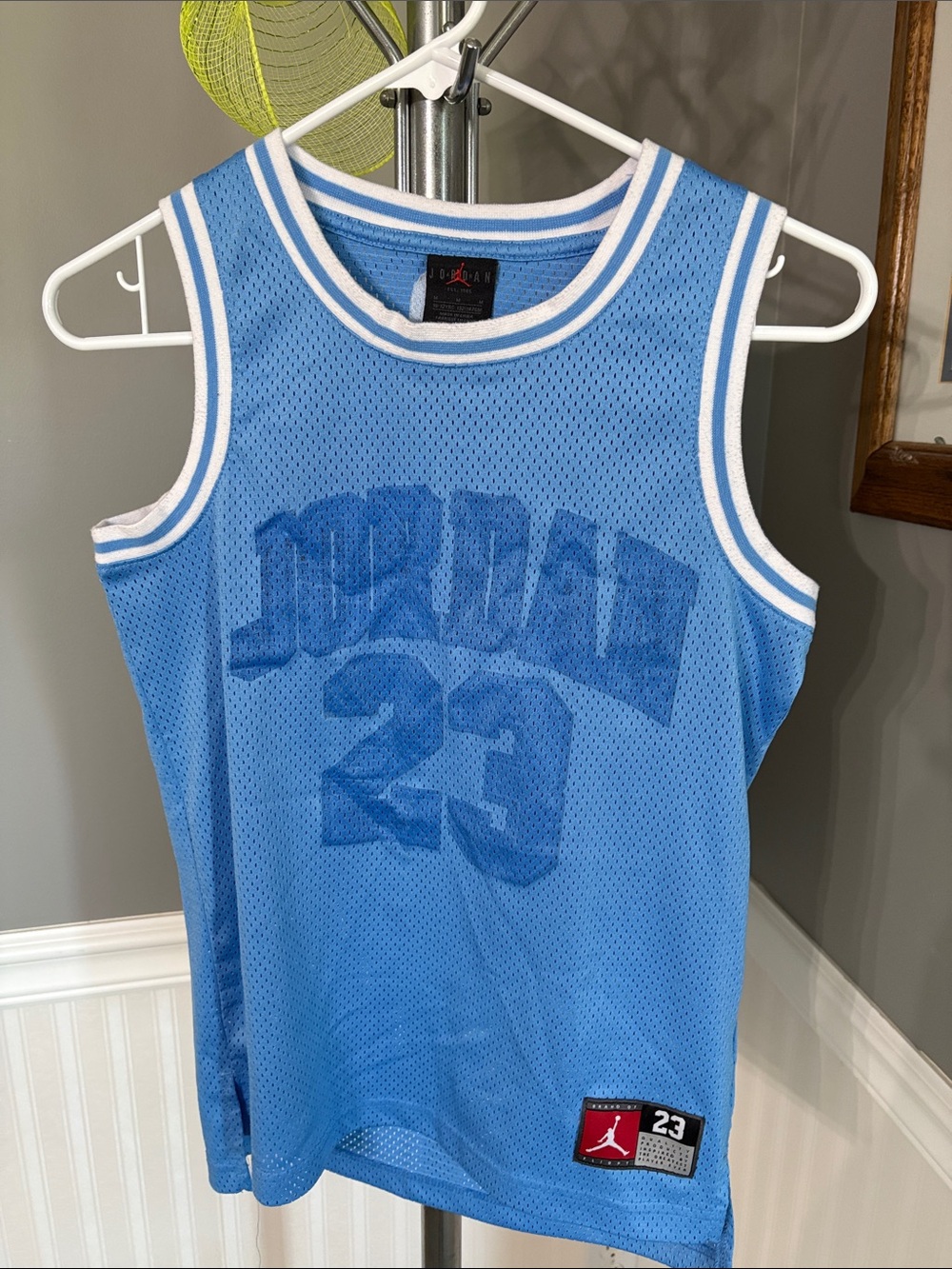 Jordan Light Blue Mesh Kids Basketball Jersey with White Trim